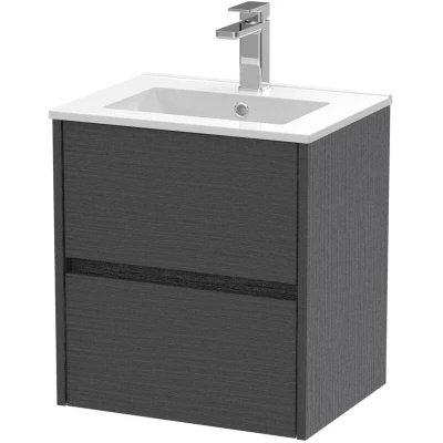 Image of Nuie Havana Graphite Grey Woodgrain 500mm Wall Hung 2 Drawer Vanity Unit and Minimalist Ceramic Basin HAV2202B