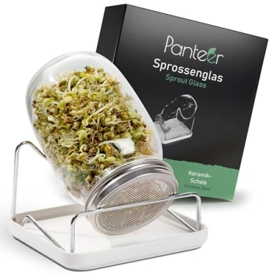 Image of Panteer ® Sprouting Jar Germination Glass 940 ml with Premium Stainless Steel Lid and Strainer (Type 316) Ceramic Bowl Metal Holder for Sprout Growing (1)