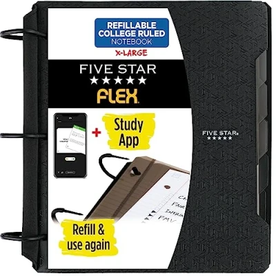 Image of Five Star Flex Refillable Notebook + Study App, College Ruled Paper, 1 1/2 Inch TechLock Rings, Pockets, Tabs and Dividers, 300 Sheet Capacity, Black (29324AA2)