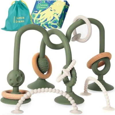 Image of Jumble Jangle Baby Teething Toys BPA Free, Multi Purpose High Chair for Babies: Suction Relief with Sensory Toy Textures Infants and Toddlers 024+ Months (Green)