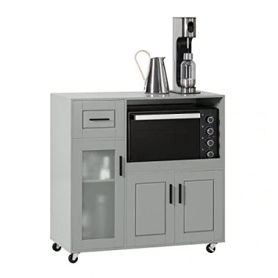 Image of SoBuy FSB78 SCH, Sideboard Microwave Cabinet Kitchen Dining Room Storage Cupboard on Wheels, Trolley, Black