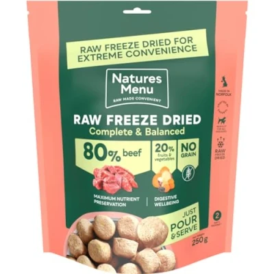 Image of Natures Menu Raw Freeze Dried Dog Food Complete &amp; Balanced 80/20 All Pack Sizes Flavours (250g x 5, Beef)