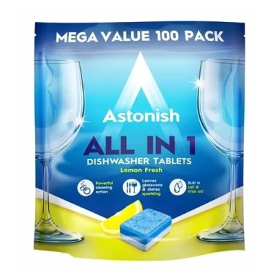 Image of Astonish All In 1 Powerful Cleaning Dishwasher Tablets with Salt and Rinse Aid, Mega Pack of 100 Tablets, Lemon Fresh