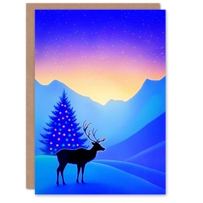 Image of Wee Blue Coo Personalised Winter Wonderland Sunrise Reindeer Decorated Tree For Him Or Her Art Xmas Christmas Card