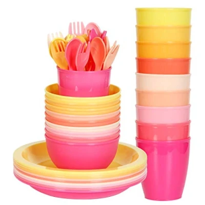 Image of Youngever 54 pcs Plastic Kids Tableware, Re usable Toddler Dinnerware Set, Dining Cups, Plates, Bowls, Flatware Dishes Set (Pink)