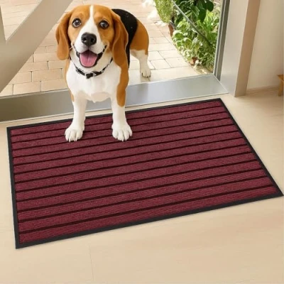 Image of Hafaa Door Mat 40x60 cm, Indoor &amp; Outdoor Heavy Duty Rubber Mats Dirt Trapper Non Slip Washable Barrier Floor Entrance Rug Shoes Scraper Super Absorbent Front Doormats, Burgundy