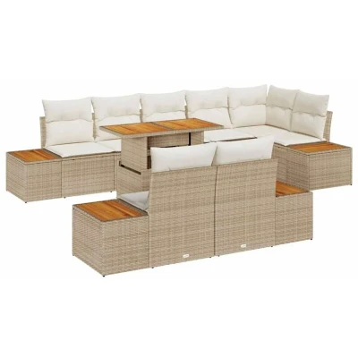 Image of vidaXL 9 Piece Garden Dining Set with Cushions Beige Poly Rattan Acacia