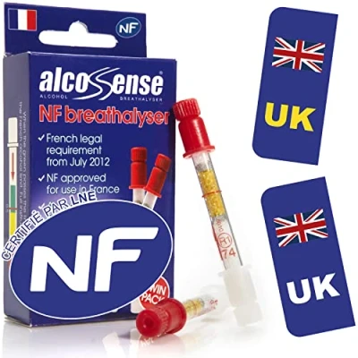 Image of AlcoSense French NF Certified Breathalyzers for France with UK/GB Car Stickers Breathalyser Twin Pack Officially Approved Alcohol Tester Driving in