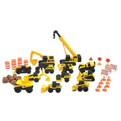 Image of CAT® Construction Little Machines Mega Set I With 40 pieces includes vehicles, crane, road signs, cones, boulders and barrels For kids ages 3+, Yellow