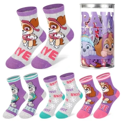 Image of Paw Patrol Girl 4 Pair Ankle Cotton Socks for Kids Ideal Children Gift Packed in Round Money Piggy Bank Plastic Cylinder (UK, Age, 3 Years, 6 Regular, Standard, Multicolour)