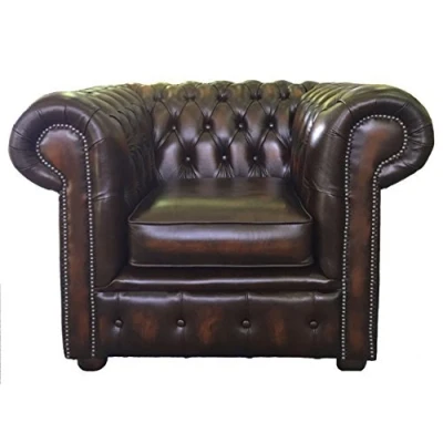 Image of Chesterfield 100% Genuine Leather Antique Brown Club Chair Sofa