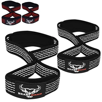 Image of BEAST RAGE Figure 8 weight lifting Straps Professional Padded Support Fitness Deadlift Powerlifters Cotton Gym Wrist (Black/White)