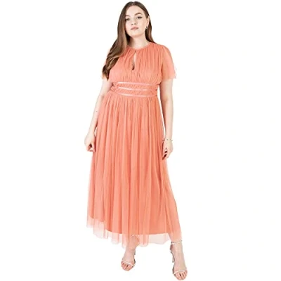 Image of Anaya with Love Ladies Midaxi Dress for Women High Waist Keyhole Short Flutter Sleeve Crew Neckline Wedding Guest Bridesmaids Prom Coral Pink Size 28