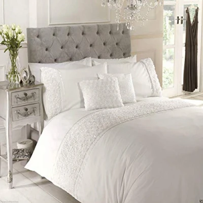 Image of Rapport Duvet Quilt Cover Set Bedding Raised Rose &amp; Ribbon Polycotton, Cotton and Polyester, White