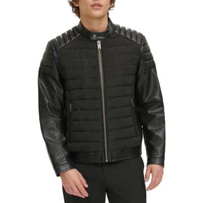 Image of DKNY Men&#039;s Mixed Media Faux Leather Puffer Motocross Racer Jacket, Black, XL
