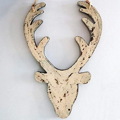 Image of SHATCHI, 16 x 26H CM, SHATCHI 26cm Christmas Wooden Hanging Cream Front Face Deer Wall Decoration Xmas Home Office Holiday Decorative Centrepiece