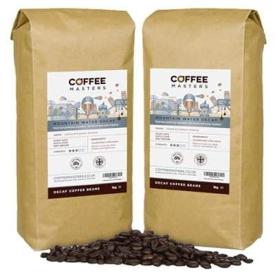 Image of Coffee Masters Mountain Water Decaf Beans 2 x 1kg 100% Arabica Roasted Whole Ideal for Espresso Machines Bold and Strong Flavour