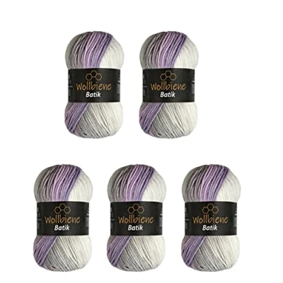 Image of 5 x 100 g Wollbiene Batik, 500 Wool with Colour Gradient, Multicoloured, Knitting Wool, Crochet (5990 Rose, Grey, White)