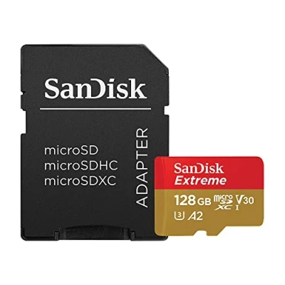 Image of SanDisk Extreme 128 GB microSDXC Memory Card + SD Adapter with A2 App Performance Rescue Pro Deluxe, Up to 160 MB/s, Class 10, UHS I, U3, V30 , Red/Gold