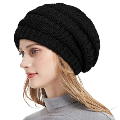 Image of UILYNIU Knit Beanie Hat for Ladies, Satin Lined Hats, Womens Winter Ladies Bobble Warm Cap, Thermal Ski Skull Cap Slouchy Hats Women (Black)