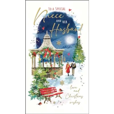 Image of Niece and Her Husband Christmas Card Couple Walking in the Snow Artistic Festive Design Special Finishes Illustrated Insert Leaf Made UK