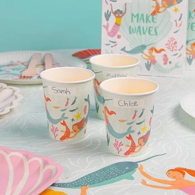 Image of Talking Tables Mermaid Paper Cups Recyclable &amp; Eco Friendly Kids Birthday Party Tableware Decorations for Colourful Under The Sea Themed Celebrations or Baby Shower 8 Pack, WAVESCUP