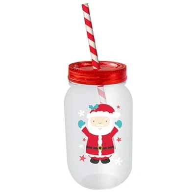 Image of Widdle Gifts Christmas Mason Jar and Straw Re useable Sturdy Plastic Childrens with Santa 5576