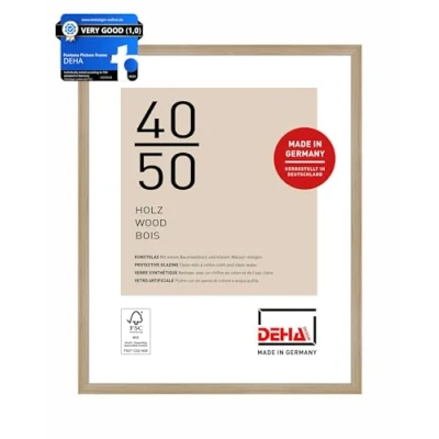 Image of DEHA Design Fontana Photo Frame 40x50cm Wooden Picture Frame, Oak with Protective Acrylic Glazing and Push Turn Clips