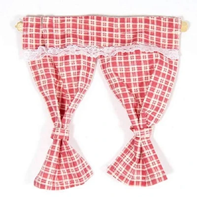 Image of Dolls House Red Pink Gingham Curtains Tied Back on Rail 1:12 Window Accessory