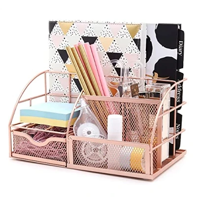 Image of EXERZ Desk Organiser/Mesh Tidy Caddy/Pencil Holder Multifunctional with 7 Compartments Rose Gold
