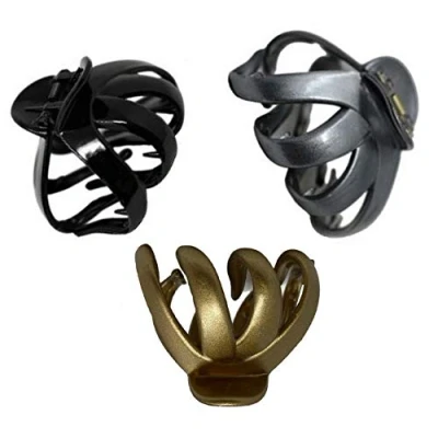Image of Octopus Plastic Hair Claw Clip Butterfly Bull Dog Design, Large Grip for Thick (Set of 3 (Black/Grey/Gold))