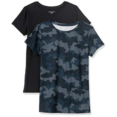 Image of Amazon Essentials Women&#039;s Tech Stretch Short Sleeved Crew Neck T Shirt (Available in Plus Size), Pack of 2, Black/Navy Camo, L