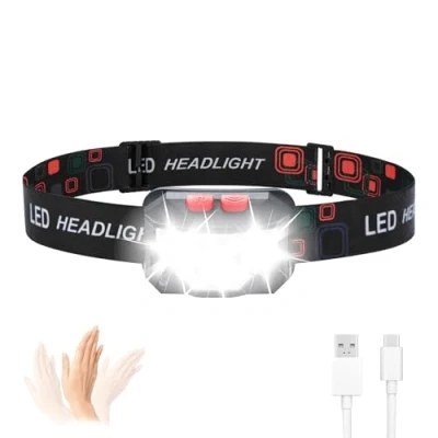 Image of GRIFEMA GD301 Head Torch Rechargeable, Led Headlamp with 6 Lighting Mode, 2 Sensor Lightweight Waterproof for Camping, Fishing, Cycling, Hiking, Black, Red