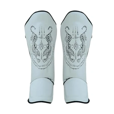 Image of Playwell Matte White &quot;Twin Tiger&quot; Muay Thai Shin Guards Pair (Medium)
