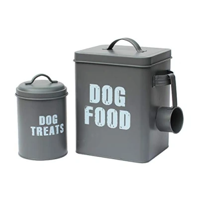 Image of Retro Vintage Styled 3PC Metal Dog Food Storage Set: Tin, Treats Tin &amp; Serving Scoop Matt Gray Finish
