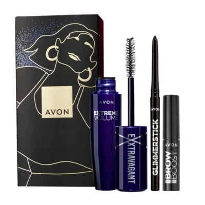 Image of Avon Exxtravert Eye Three Piece Gift Set with Extreme Volume Mascara in Blackest Black 9.5ml, Glimmerstick Eyeliner and Brow Boost Clear a Box