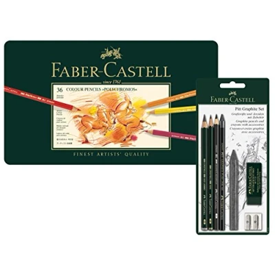 Image of Faber Castell Polychromos 110095 Colouring Pencils in Metal Case and Pitt Graphite Set of 36