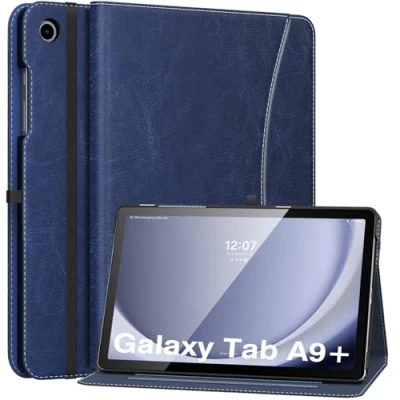 Image of MoKo Case for Samsung Galaxy Tab A9 Plus 11&quot; 2023 (SM X210/SM X216/SM X218), PU Leather Multi Angle Viewing Folding Stand Cover with Hand Strap, Front Pocket, Auto Wake/Sleep, Navy Blue