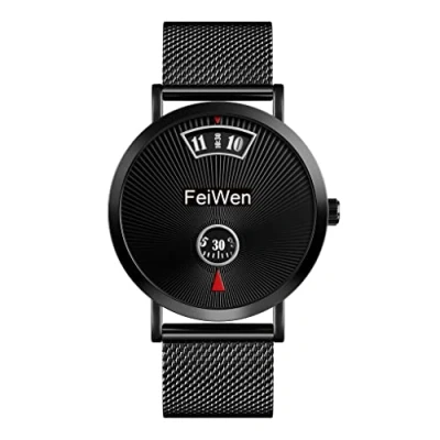 Image of FeiWen Mens Fashion Unique Analog Quartz Watches Simple Design Stainless Steel Case Elegant Wrist Watch (Black)