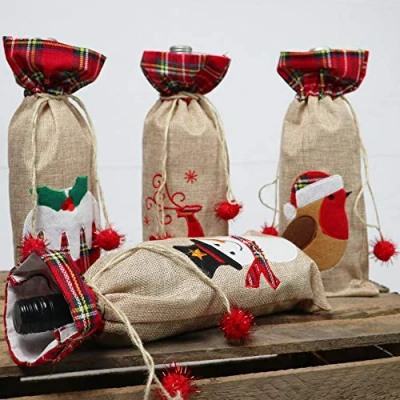 Image of SHATCHI Wine Bottle Liquor Cover Bag with Drawstring Printed Pattern Burlap Hessian Linen Novelty Dinner Table Decorations Reindeer/Snowman/Robin/Christmas Pudding