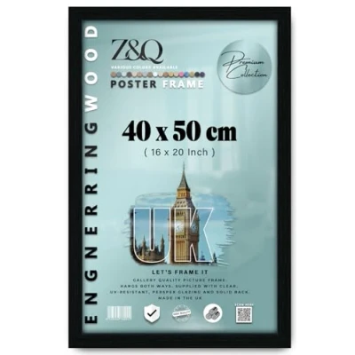 Image of Z&amp;Q Wall Mounted Poster Picture Frame Black 40 x 50 cm Display Painting Photo Print With HD Clear Perspex Both Ways Hanging Hooks MDF Wood 30x15mm Moulding