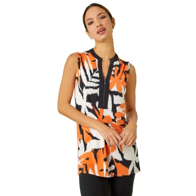 Image of Roman Originals Sleeveless Leaf Print Zip Top for Women UK Ladies Everyday Holiday Spring Summer Notch Neckline Comfy Soft Evening Vacation Work Party Orange Size 10