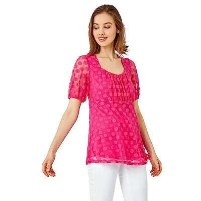 Image of Roman Originals Textured Spot Print Smock Top for Women UK Ladies Everyday Holiday Spring Summer Square Neckline Comfy Soft Evening Vacation Work Party Cerise Size 12