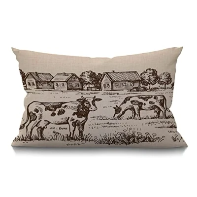 Image of BGBDEIA Cushion Cover Cow Rustic Farm Animal Village Landscape House Countryside Nature Rectangular Throw Pillow for Couch Sofa Home Decor Cotton Linen 12x20 Inch 30 x 50 cm