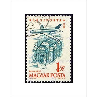 Image of Wee Blue Coo POSTAGE STAMP HUNGARY VINTAGE PLANE BUDAPEST BLACK FRAMED ART PRINT B12X8837