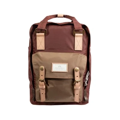Image of Doughnut MACAROON JUNGLE Unisex Backpack 16 L with Laptop Compartment, Student Backpack, Functional and Handmade, Made from Recycled PET Bottles &amp; Ocean Waste, Daypack in Maroon x Khaki