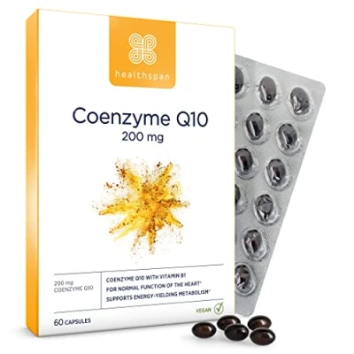 Image of Healthspan Coenzyme Q10 200mg 60 Capsules Added Vitamin B1 Heart Health &amp; Energy Metabolism Sunflower Oil Base Vegan
