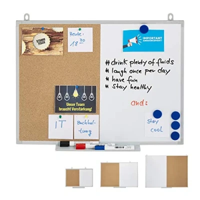 Image of Relaxdays Combo Pinboard &amp; Magnetic Board, 2 in 1 Combination, Aluminium Frame, with Shelf, 45 x 60 cm, White/Natural