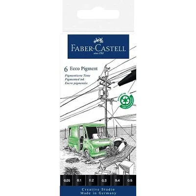 Image of Faber Castell Art &amp; Graphic Ecco Pigment Allblack Fineliner, Multicoloured, Wallet Of 6, For Art, Craft, Drawing, Sketching, Home, School, University, Colouring