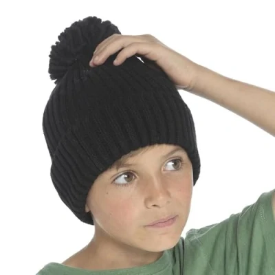 Image of A2Z 4 Kids Girls Boys Hats Ribbed Knitted Bobble Pom Beanie Hat KH1024 Black 3 6